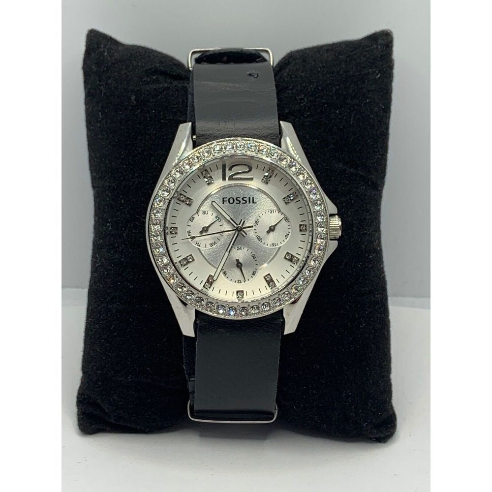 Fossil ES3202 Womens Black Leather Analog Silver Dial Quartz Genuine Wrist JD195